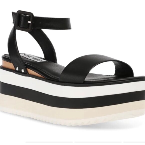 Steve Madden Black Platform Sandals Striped Sole Size 9.5 Straps Adjustable - Picture 1 of 11